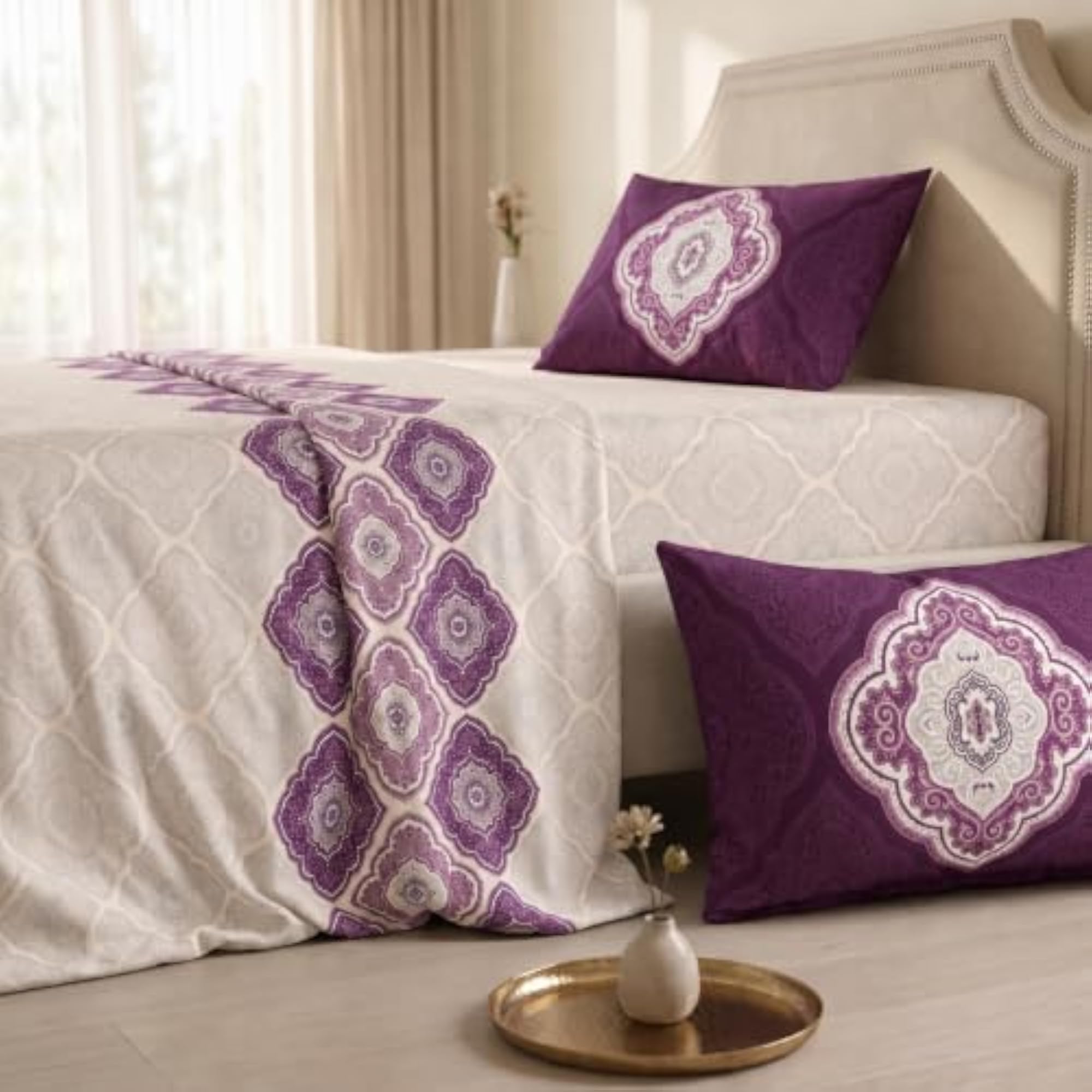 140 TC 100% Cotton Double Printed Bedsheet, 2 Pillow Covers, Purple